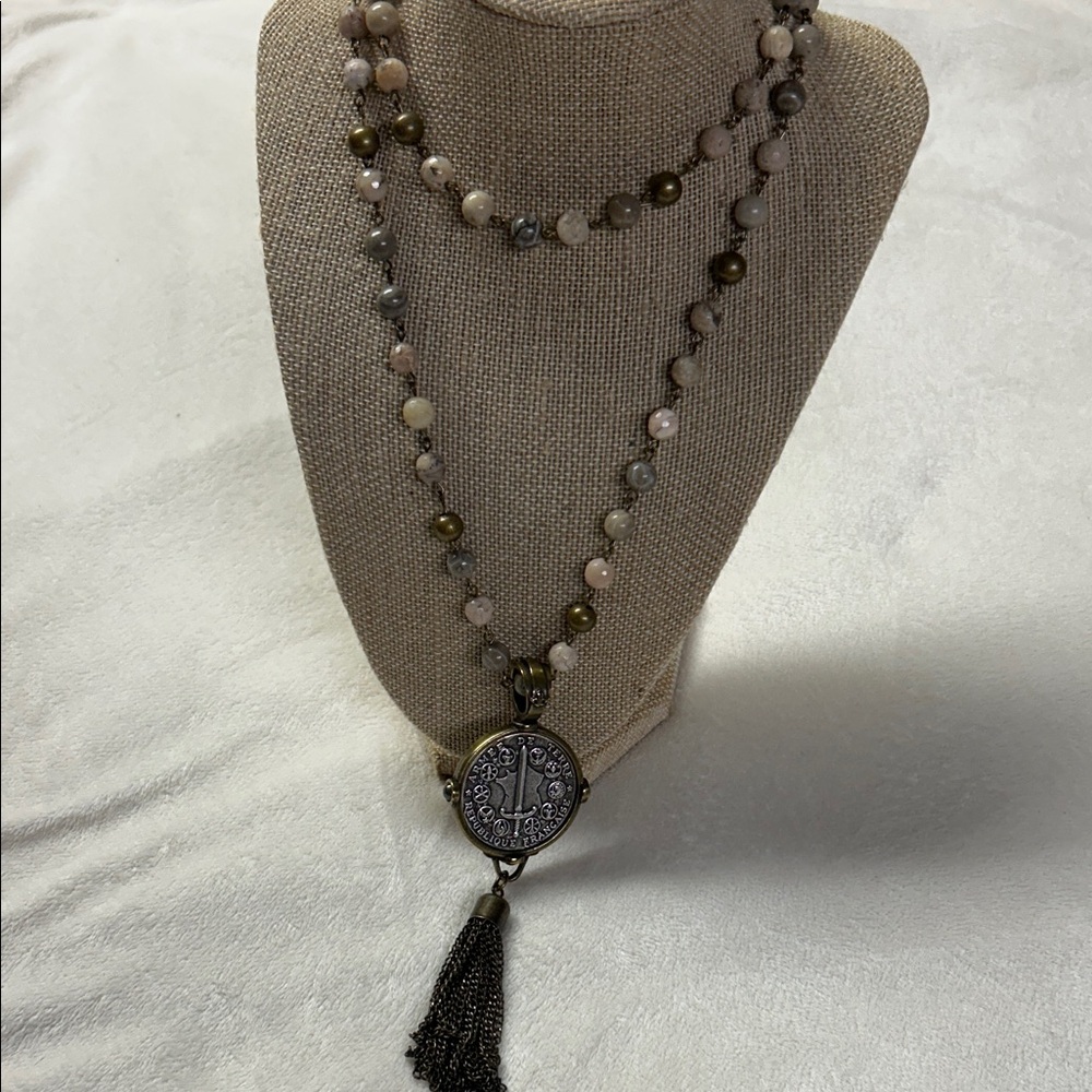 French Kande Multi-Strand Cream and Antique Gold Tassel Necklace